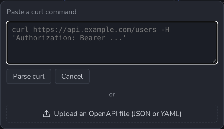 The Import step, with a curl textarea and an OpenAPI file upload button