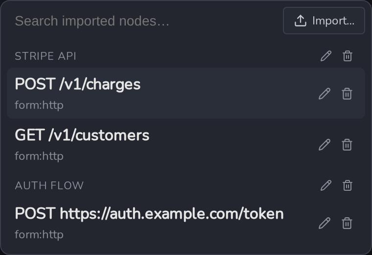 The Add Imported Node dialog, grouped by list