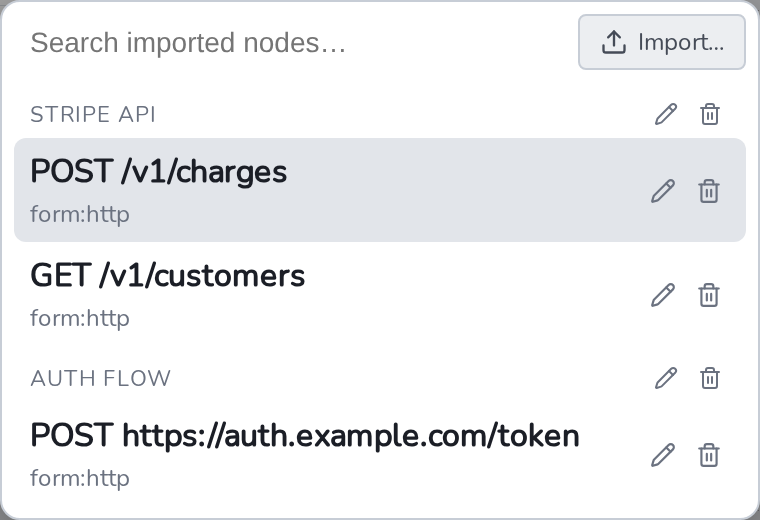 The Add Imported Node dialog, grouped by list